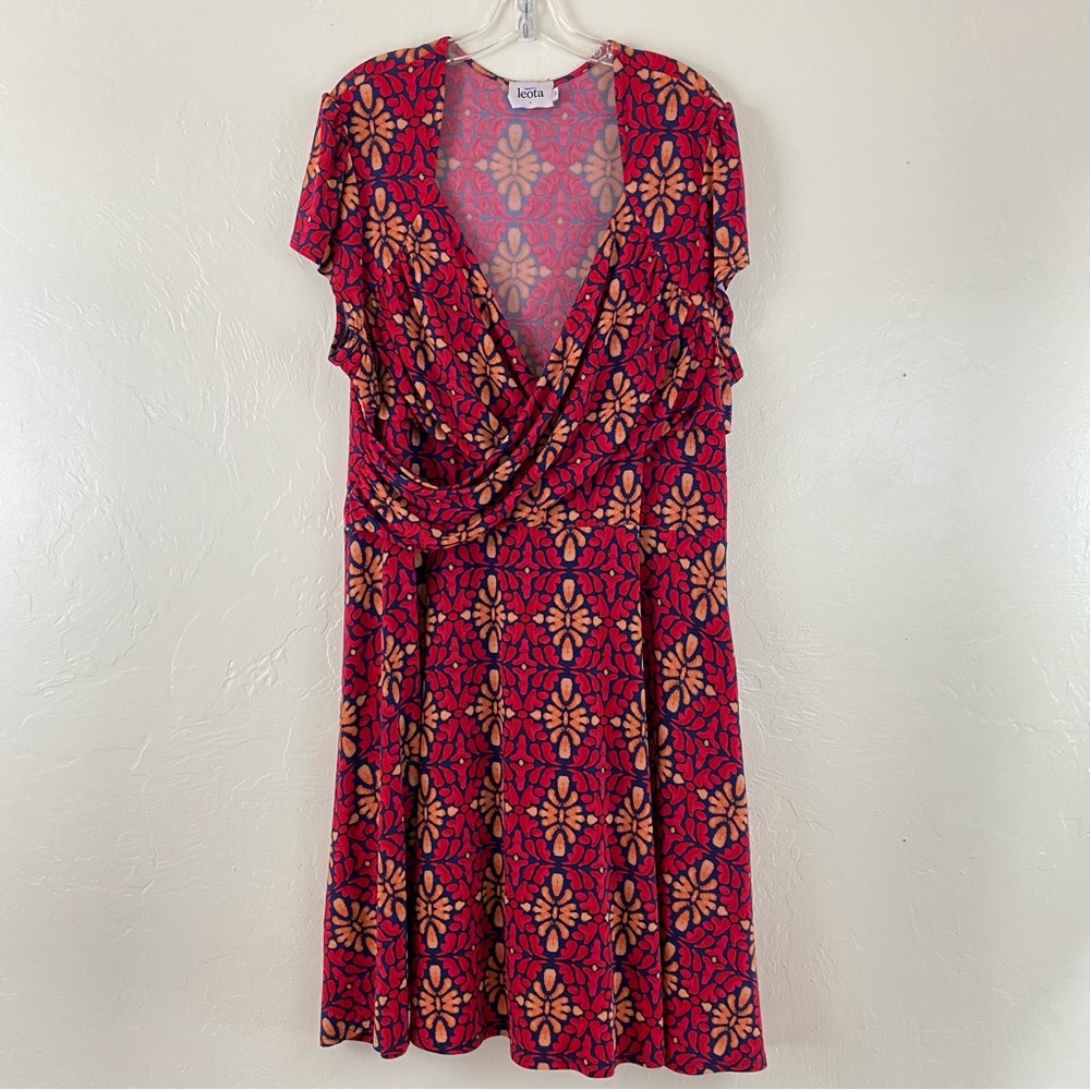 Leota Size 3X Red & Tan Paisley V-neck Short Cap Sleeve Long Midi Swing Dress